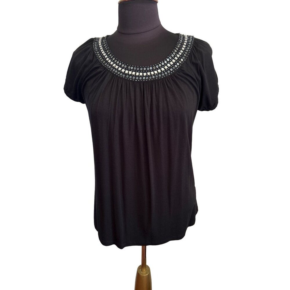 Apostrophe Black, Short Sleeve Top With Sequins & Beads, Size LP